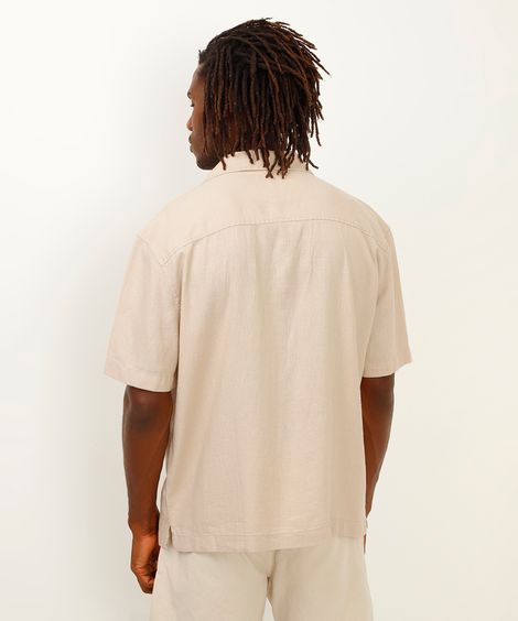 camisa com linho manga curta bege