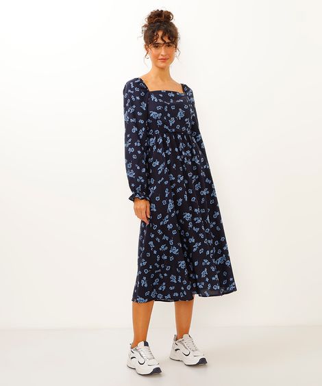 vestido midi floral azul marinho