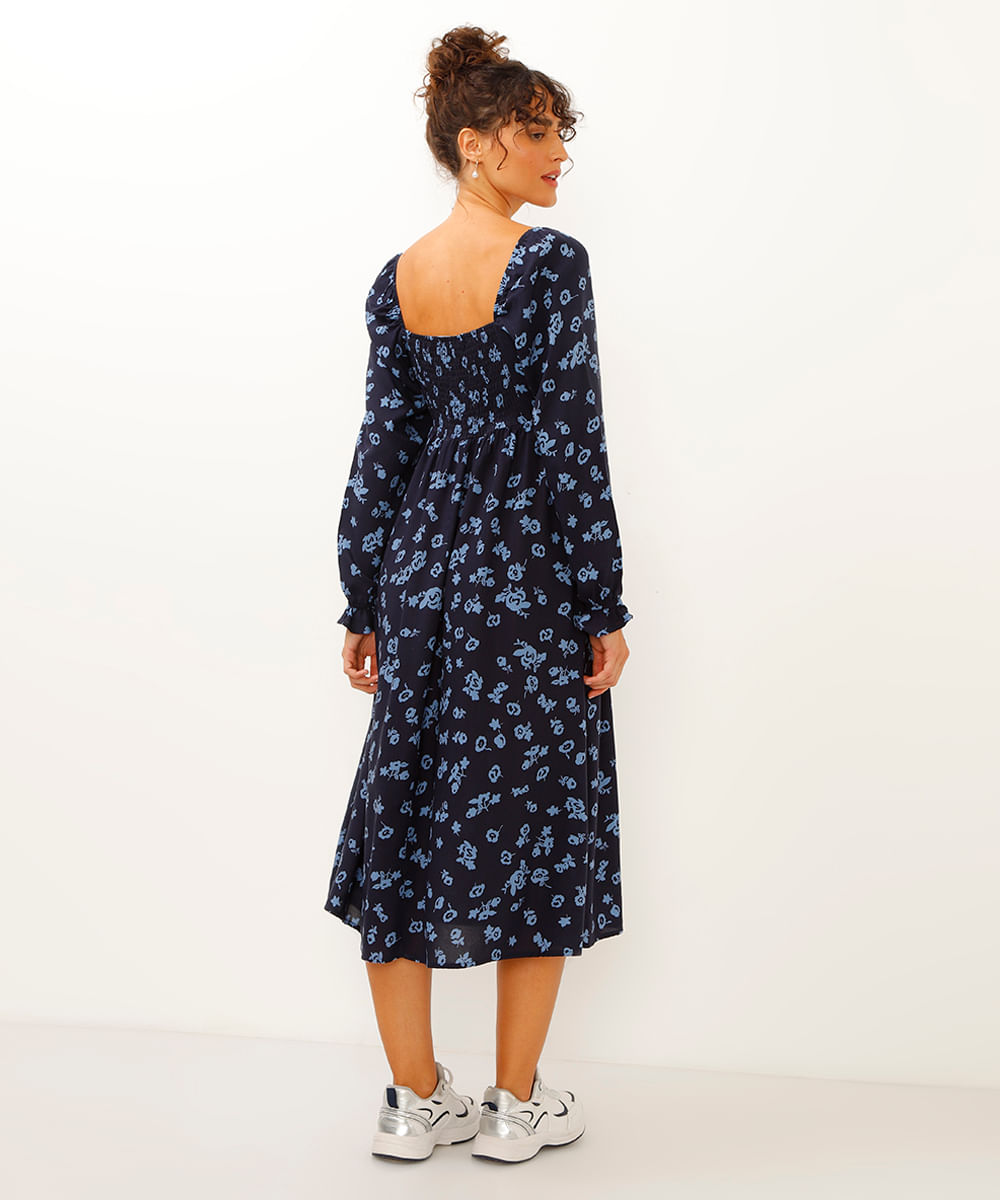 vestido midi floral azul marinho