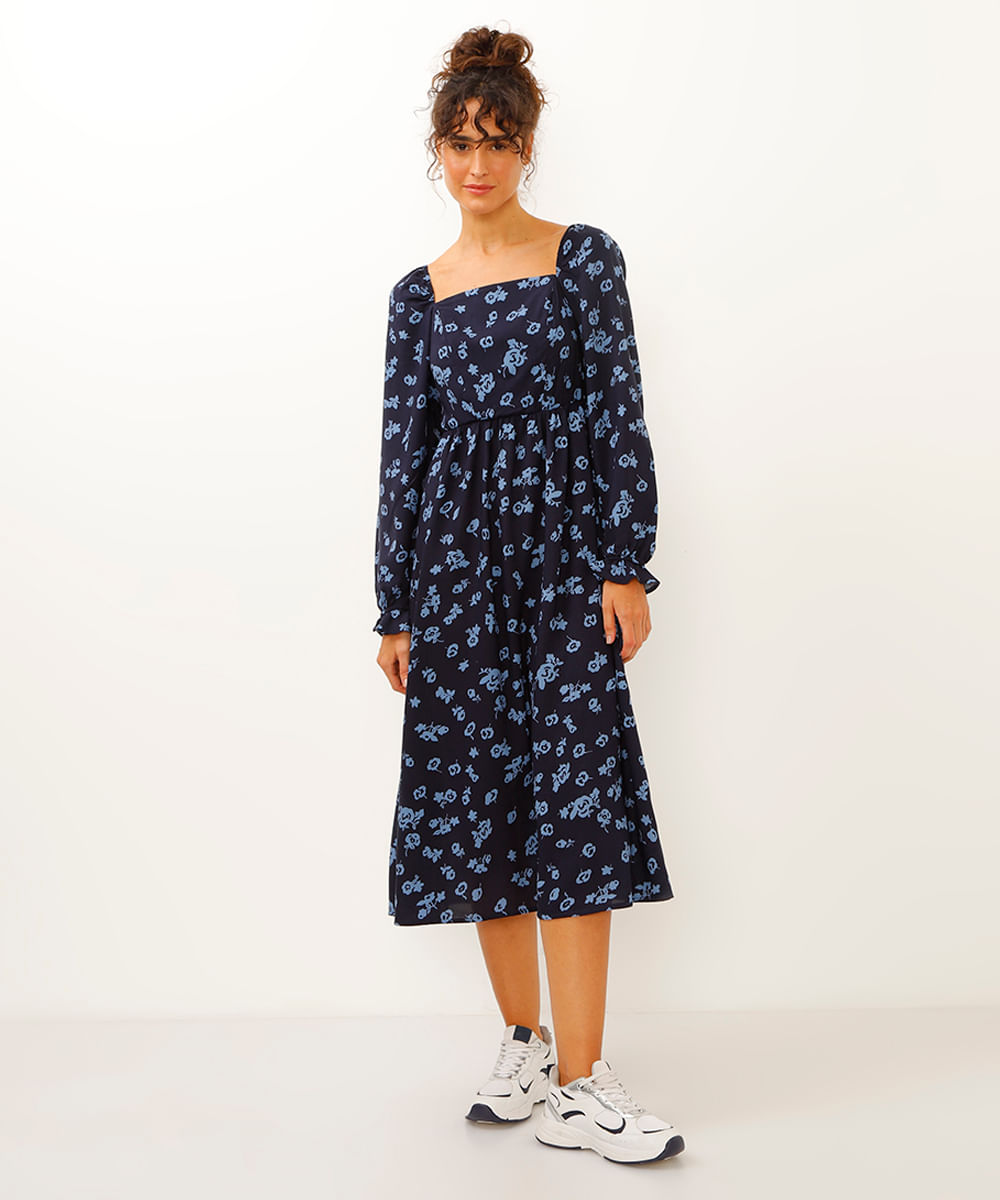 vestido midi floral azul marinho