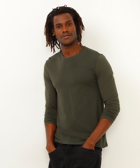 camiseta de algodão slim manga longa verde militar