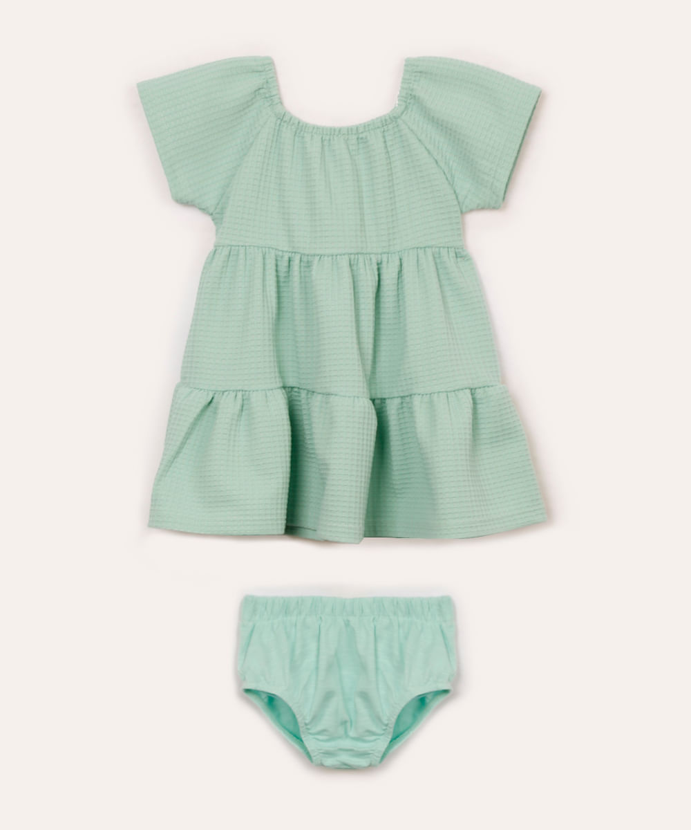 vestido manga curta texturizado com calcinha verde