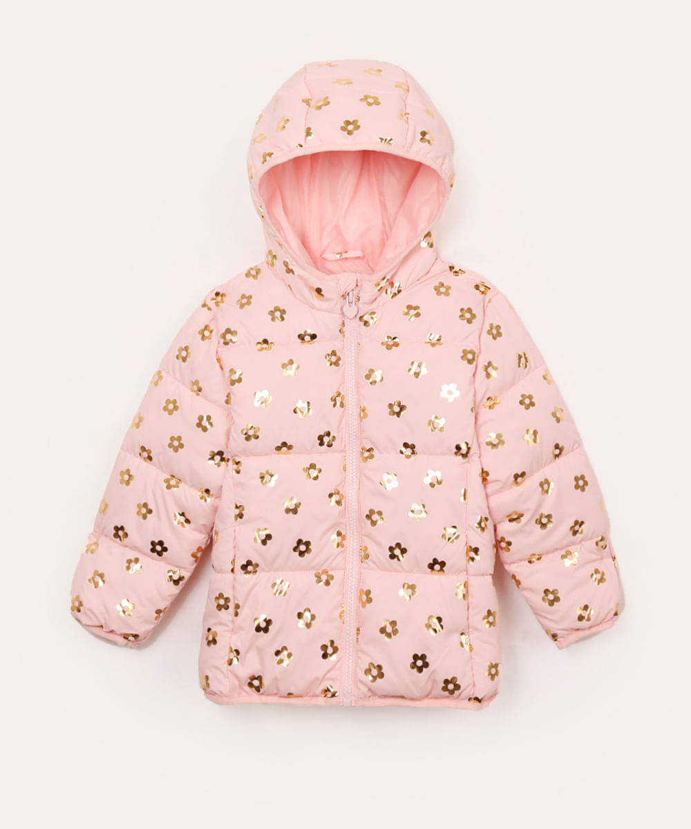 jaqueta puffer infantil floral com capuz rosa claro