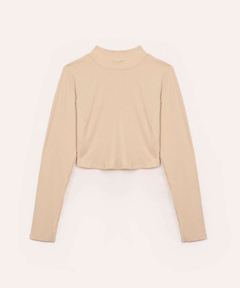 cropped de viscose juvenil canelado com recorte manga longa bege