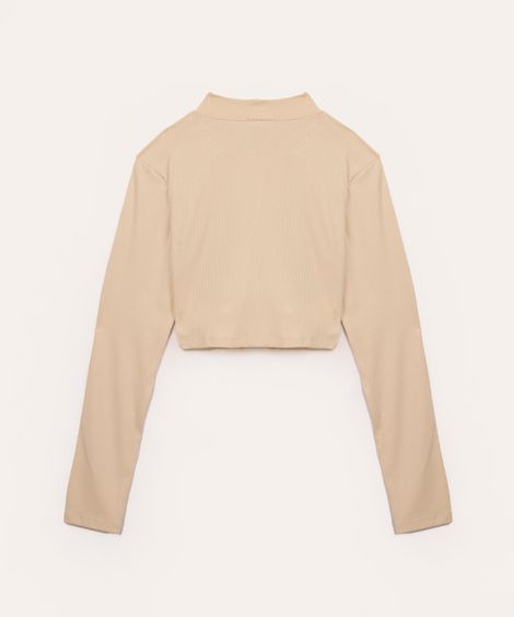 cropped de viscose juvenil canelado com recorte manga longa bege
