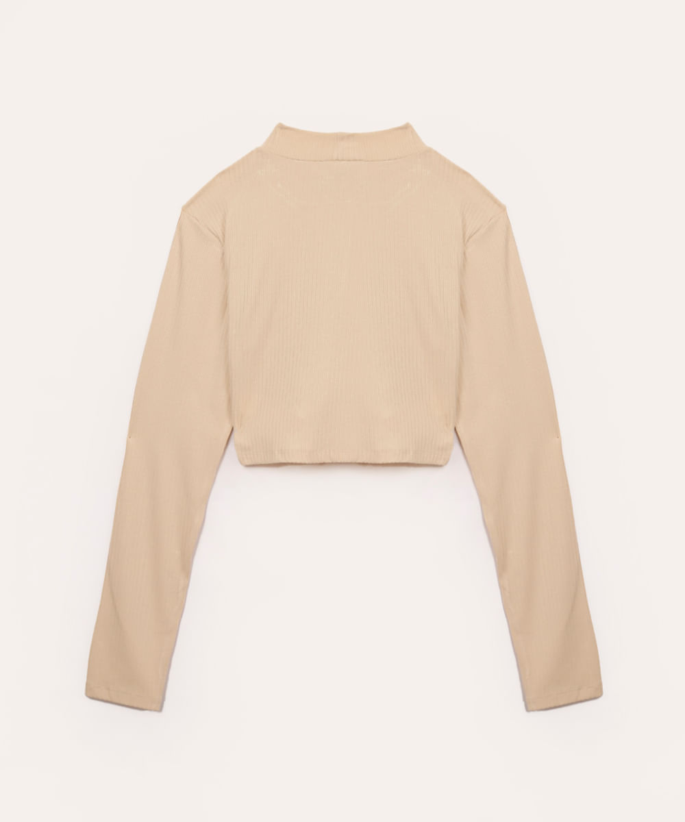 cropped de viscose juvenil canelado com recorte manga longa bege