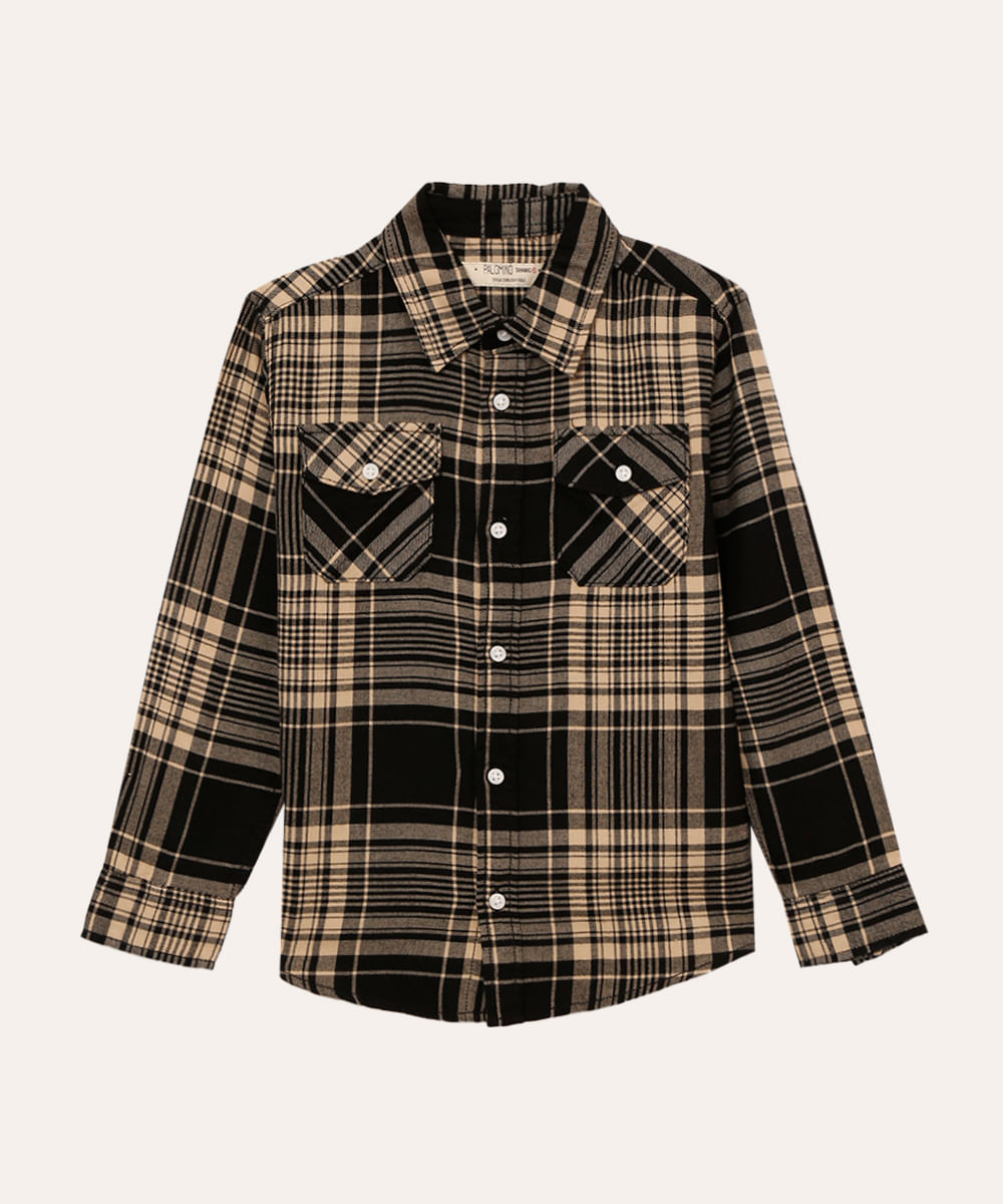 camisa flanelada com bolsos infantil xadrez preta