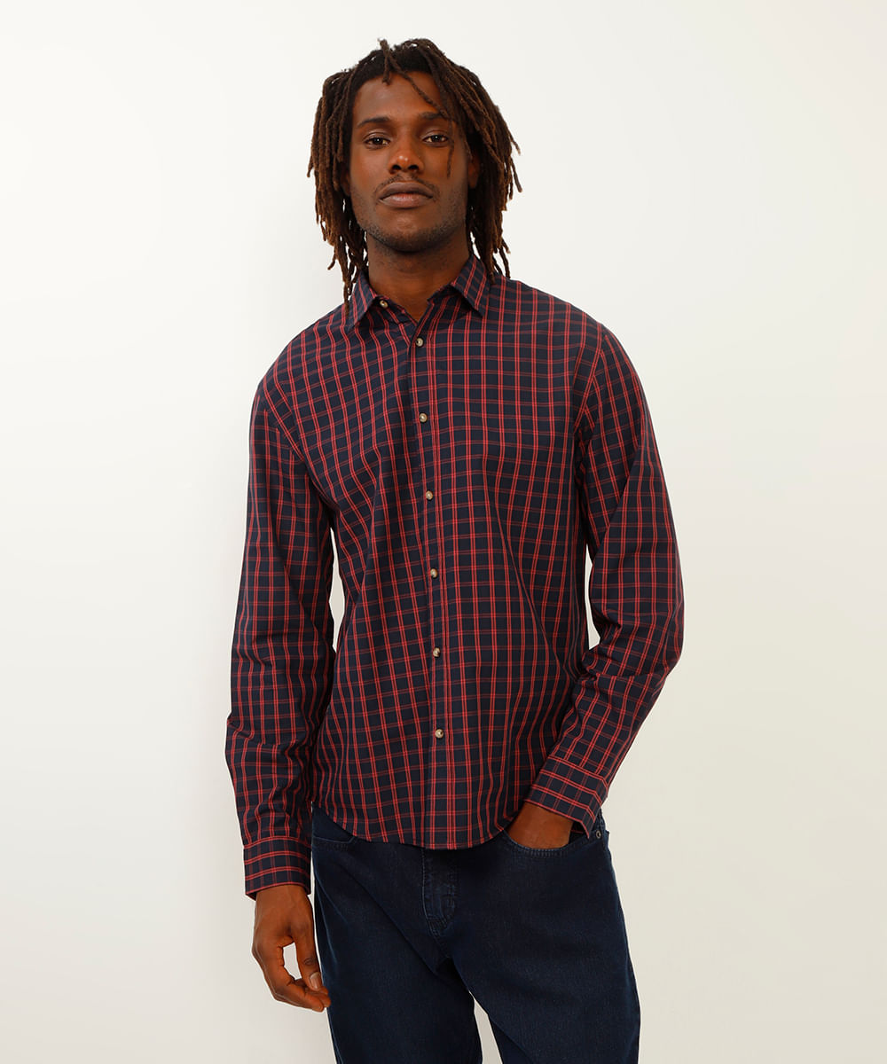 camisa comfort xadrez azul marinho