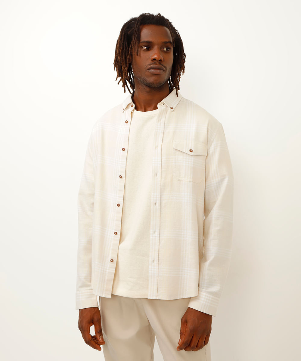 camisa de algodão manga longa xadrez bege