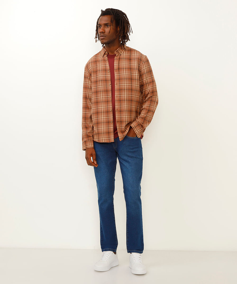 camisa manga longa flanelada xadrez marrom