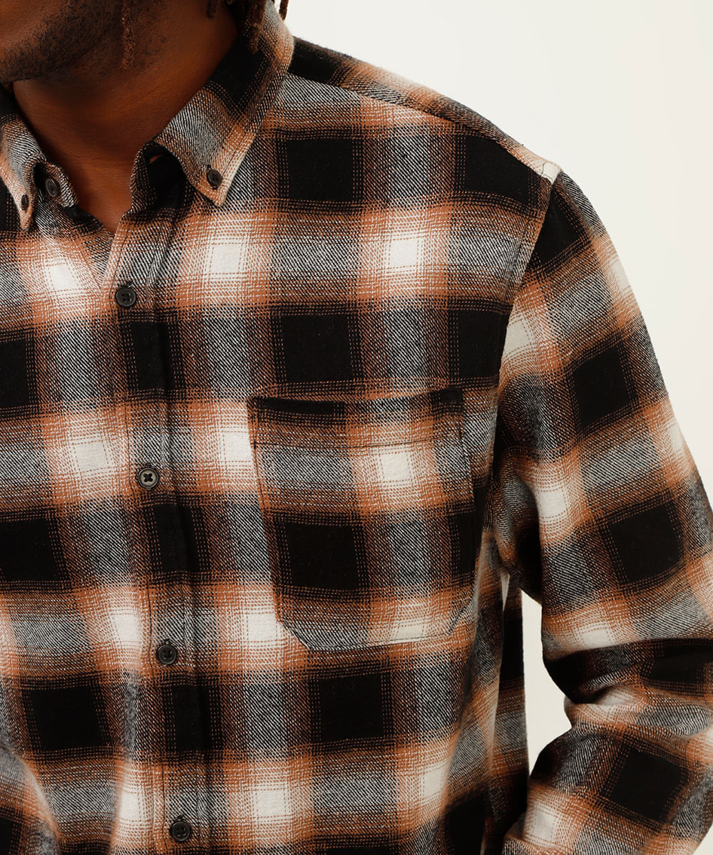 camisa comfort flanelada xadrez bege