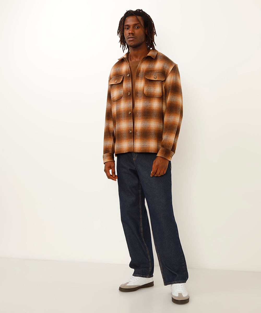 camisa de flanela encorpada xadrez marrom