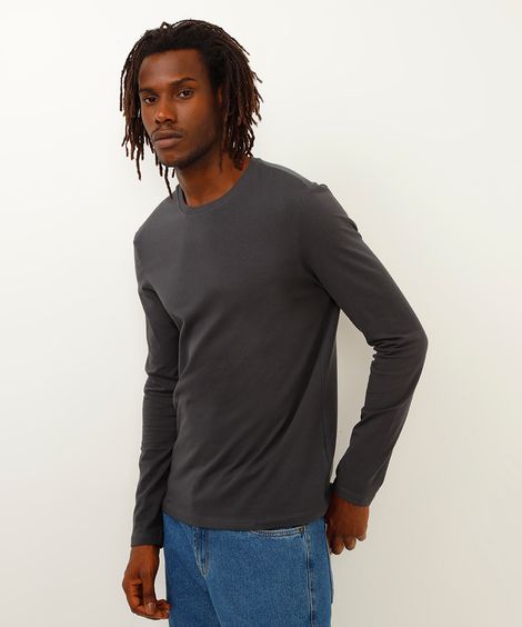 camiseta de algodão slim manga longa cinza