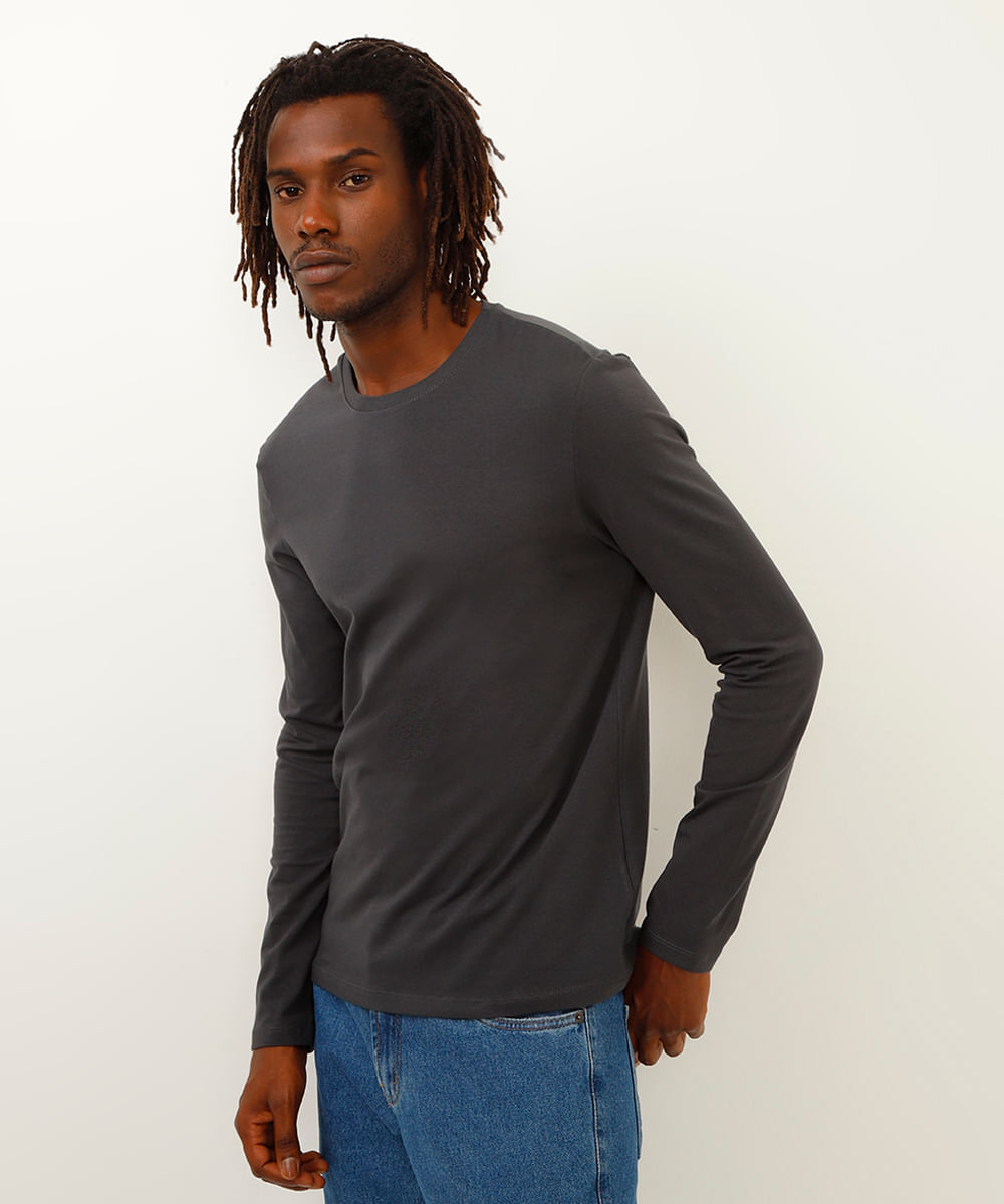 camiseta de algodão slim manga longa cinza