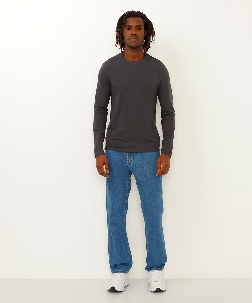 camiseta de algodão slim manga longa cinza