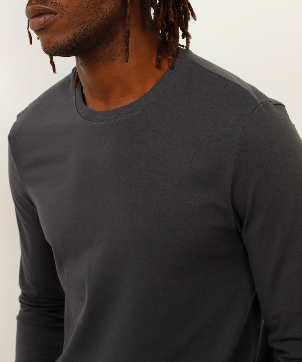 camiseta de algodão slim manga longa cinza