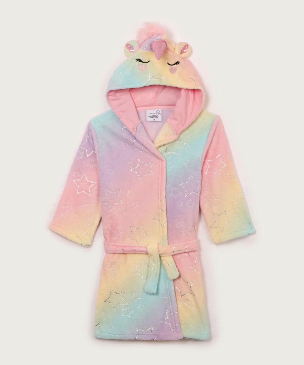 roupão de pelúcia infantil tie dye unicórnio rosa claro