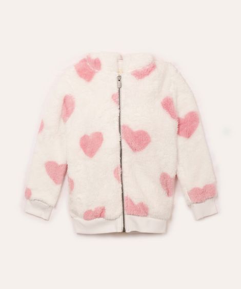 jaqueta infantil de pelúcia com capuz coração off white