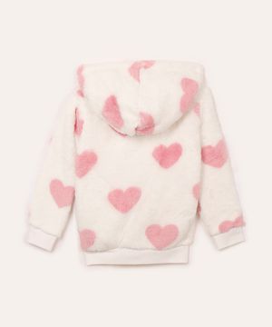 jaqueta infantil de pelúcia com capuz coração off white