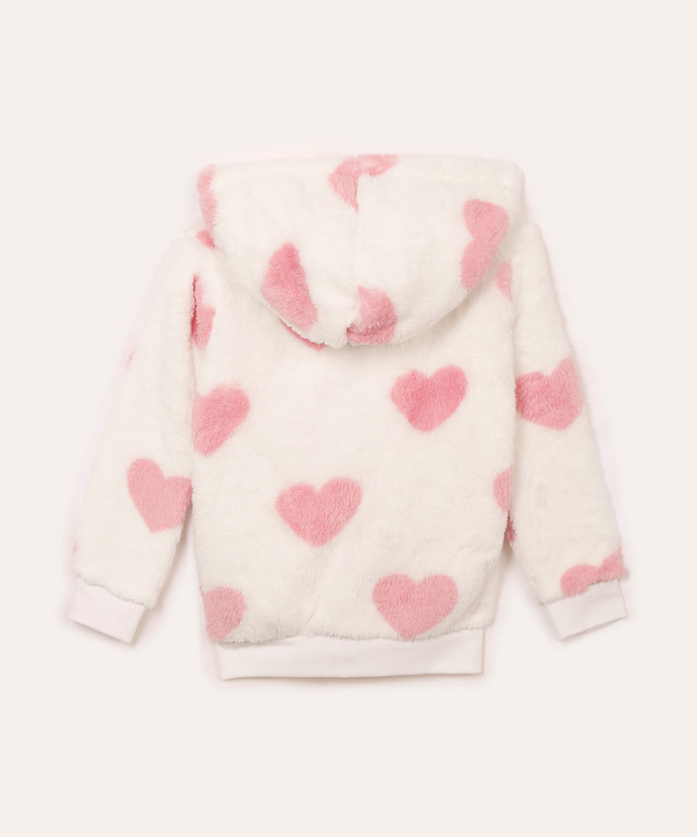 jaqueta infantil de pelúcia com capuz coração off white