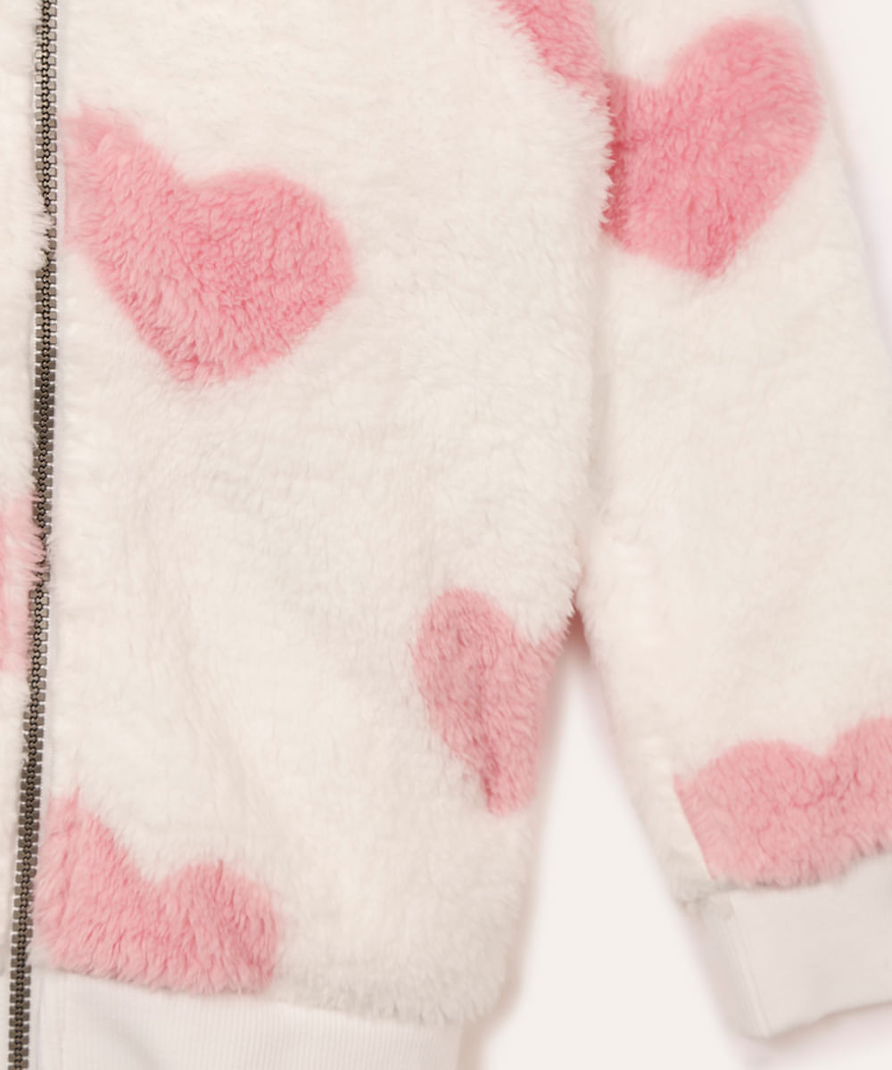 jaqueta infantil de pelúcia com capuz coração off white