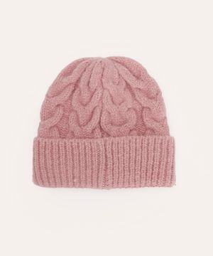 gorro de tricô texturizado trançado rosa