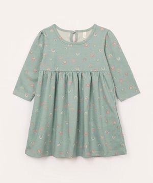 vestido infantil manga longa arco íris verde água