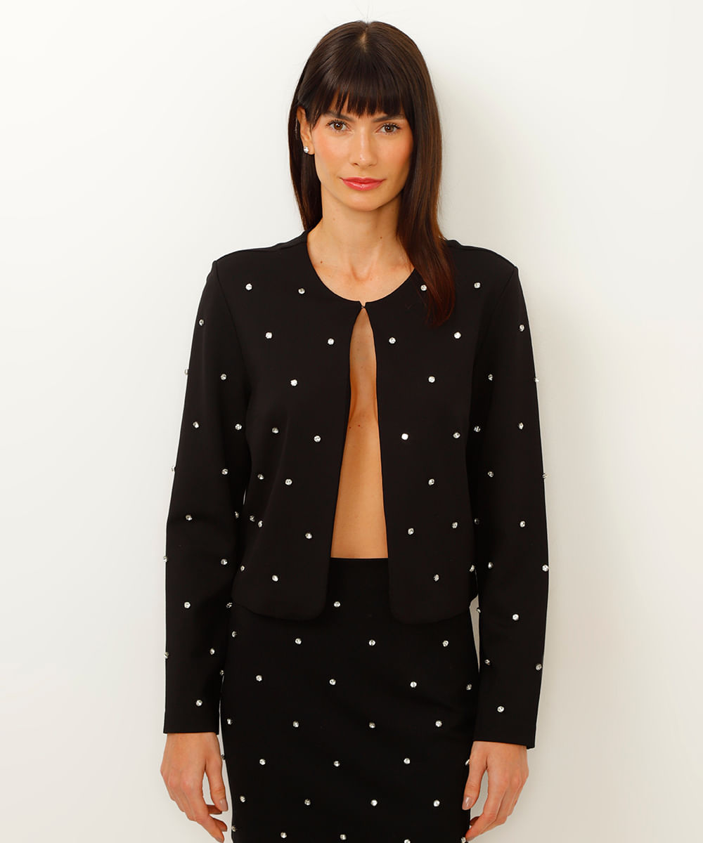 casaco de viscose com strass preto