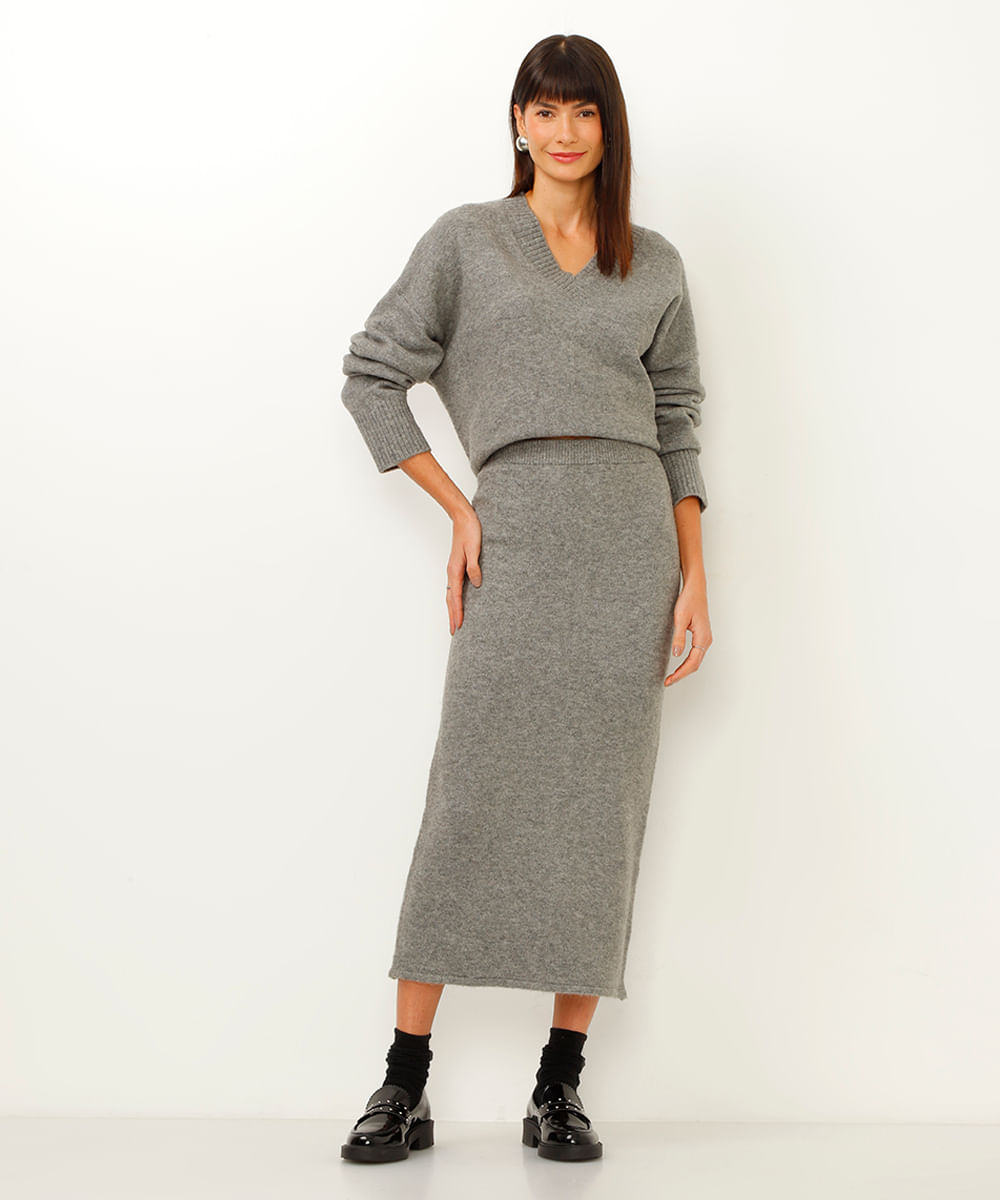 saia de tricot midi cinza