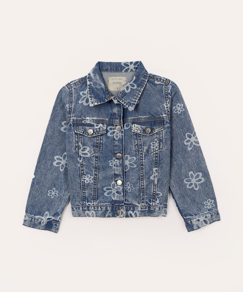 jaqueta jeans infantil floral azul
