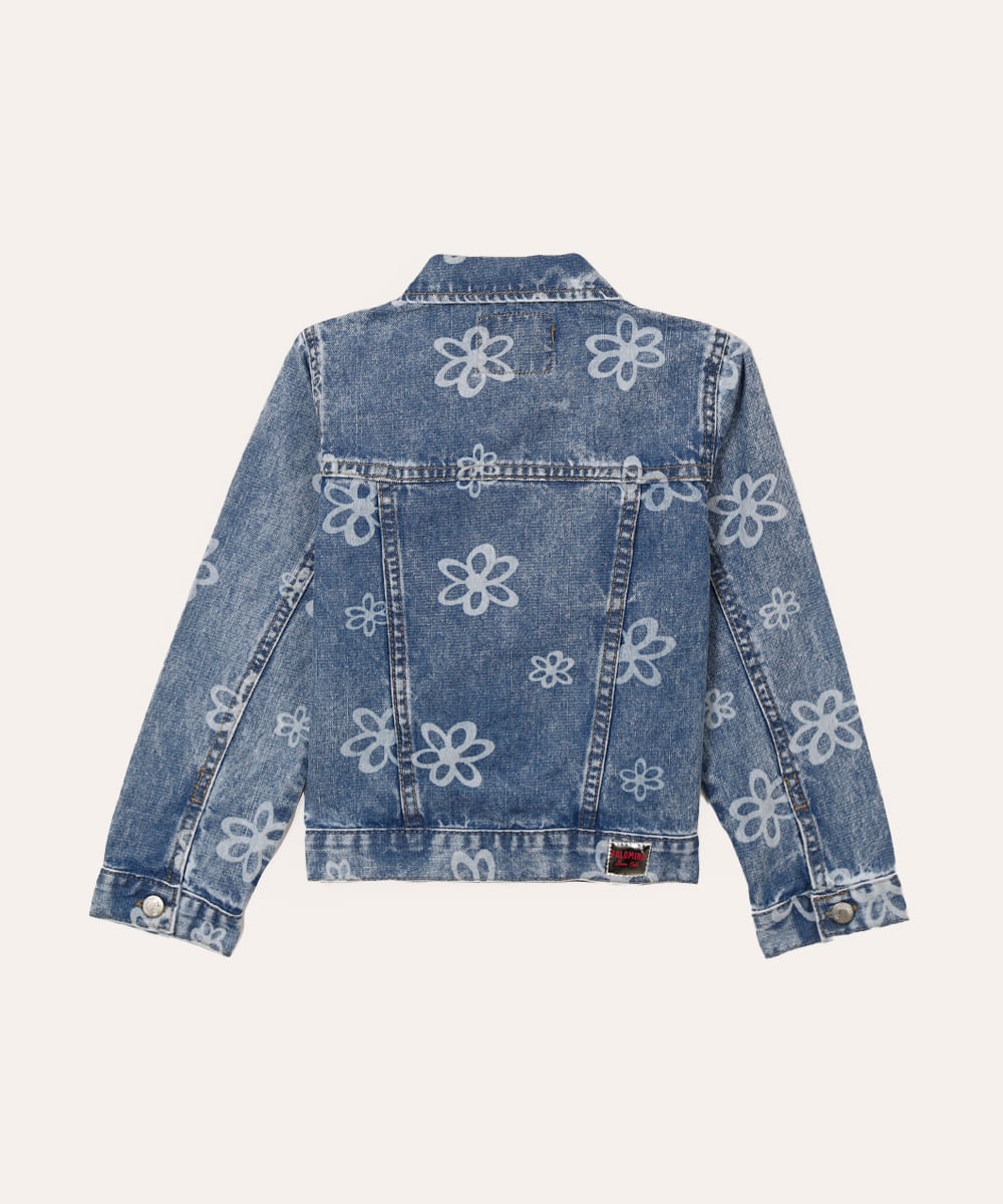 jaqueta jeans infantil floral azul