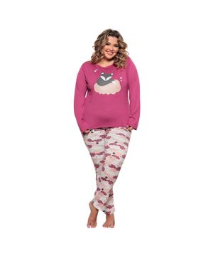 Pijama Longo Feminino Basic Plus Size Nuvem Colorida Luna Cuore Magenta