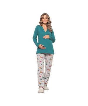 Pijama Longo Gestante Decote Transpassado Corações Coloridos Luna Cuore Verde