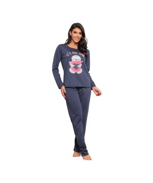 Pijama Longo Feminino Moletinho Basic Bed Time Luna Cuore Azul Marinho