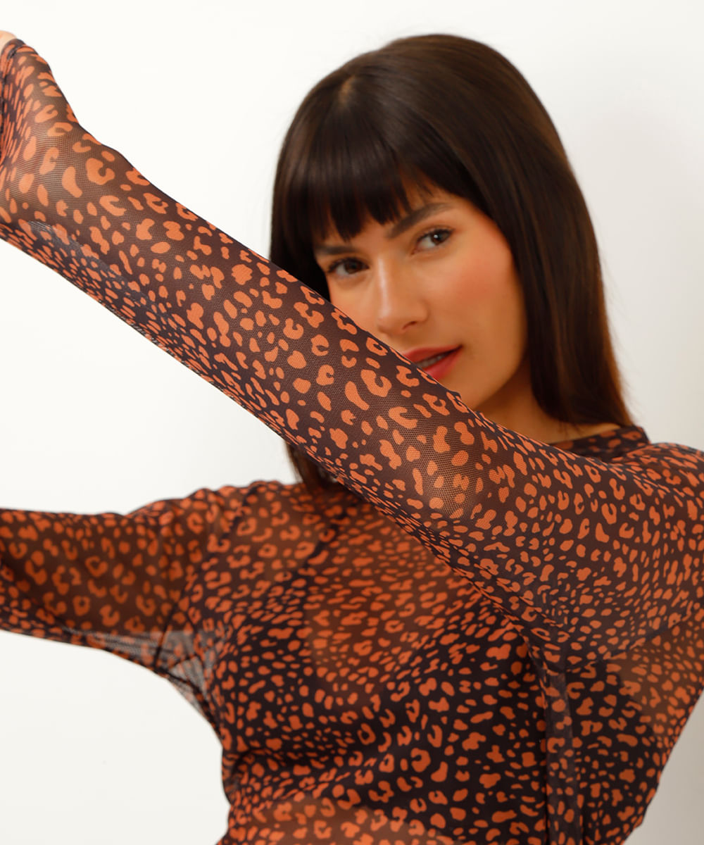 blusa de tule animal print manga longa preto