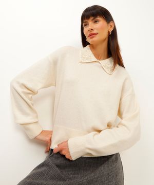 suéter de tricot com pérolas off white