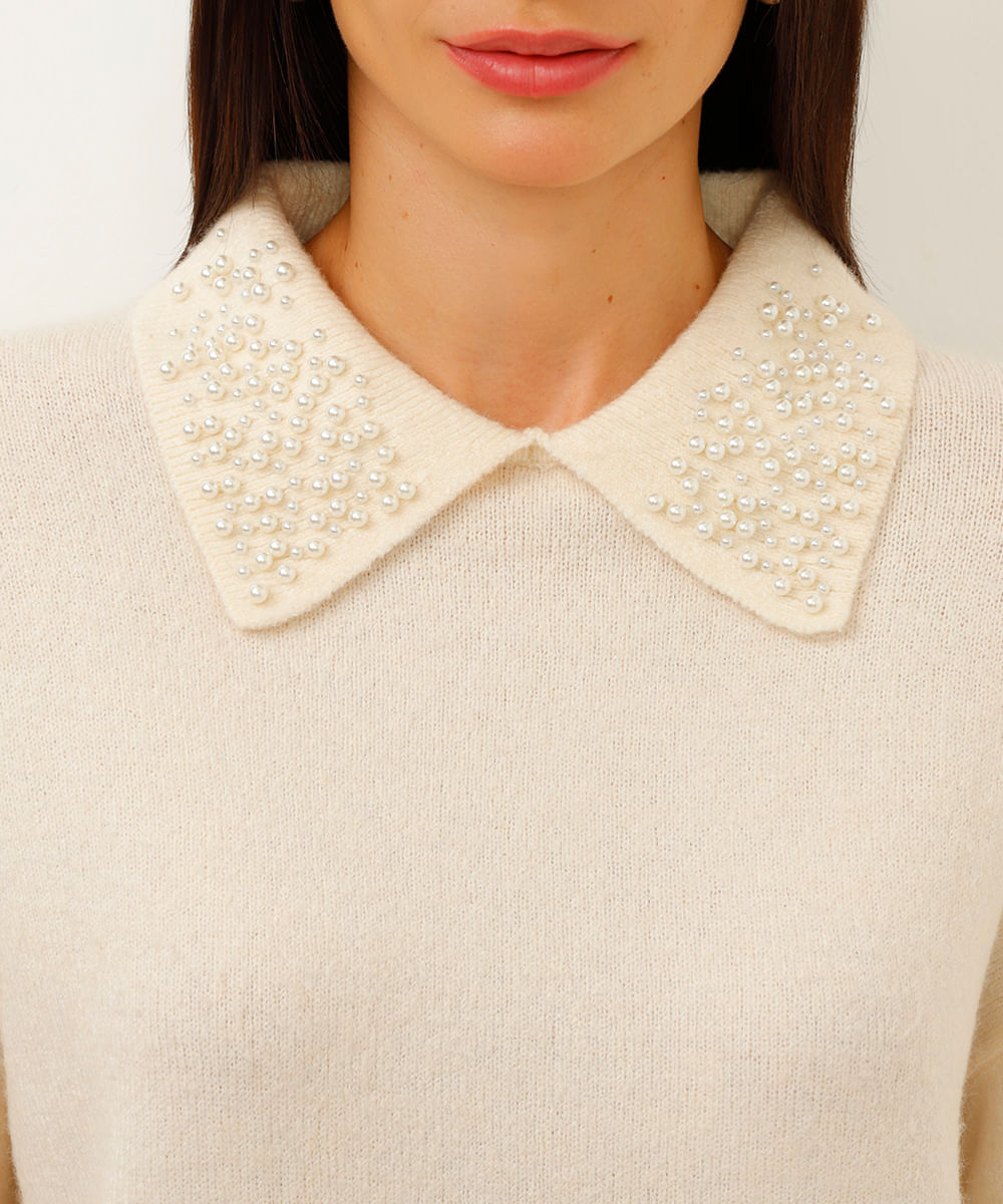 suéter de tricot com pérolas off white