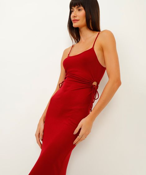 vestido midi de malha canelada cut out vinho