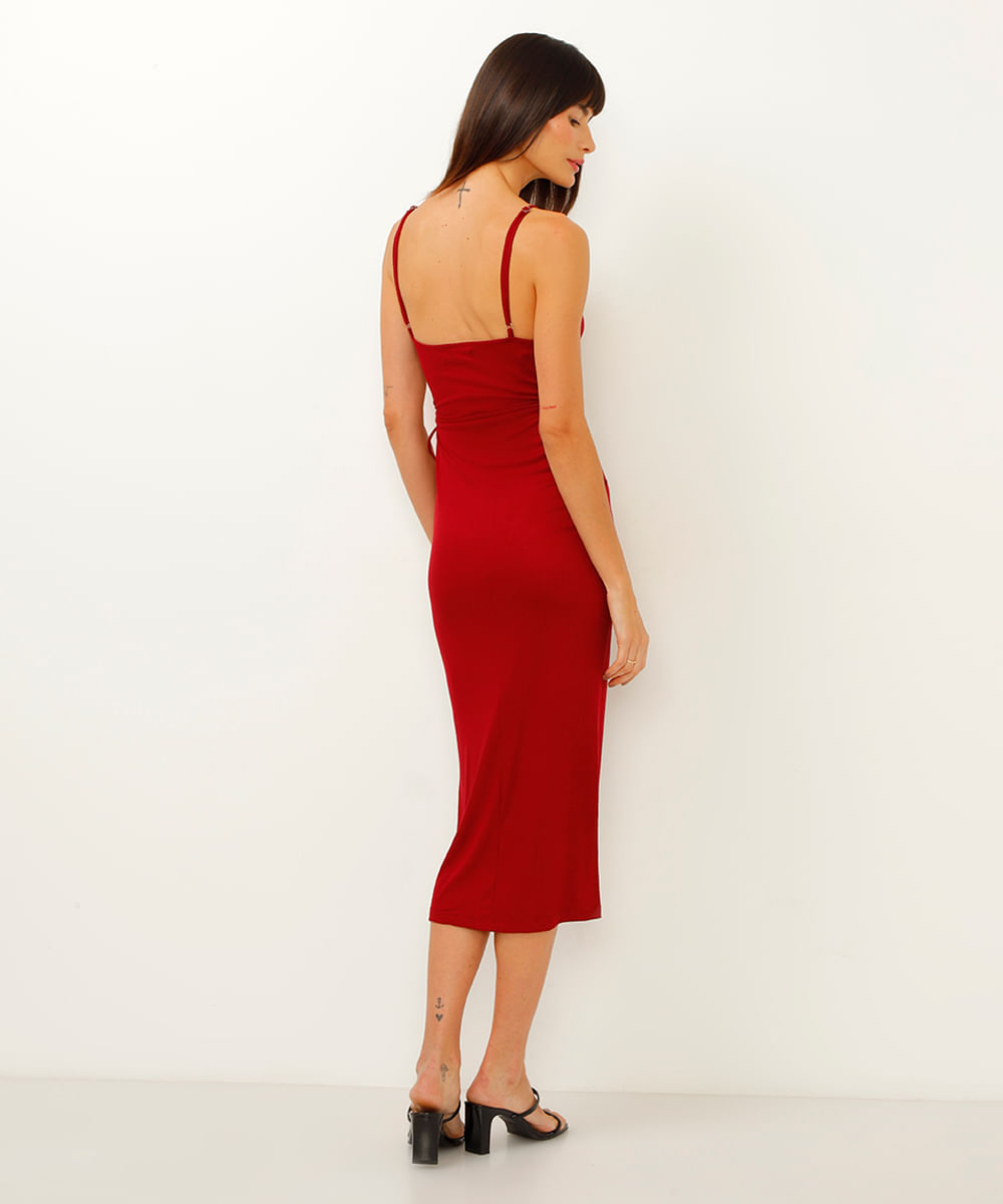vestido midi de malha canelada cut out vinho
