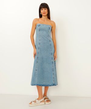 vestido jeans midi sem alça azul