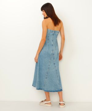 vestido jeans midi sem alça azul