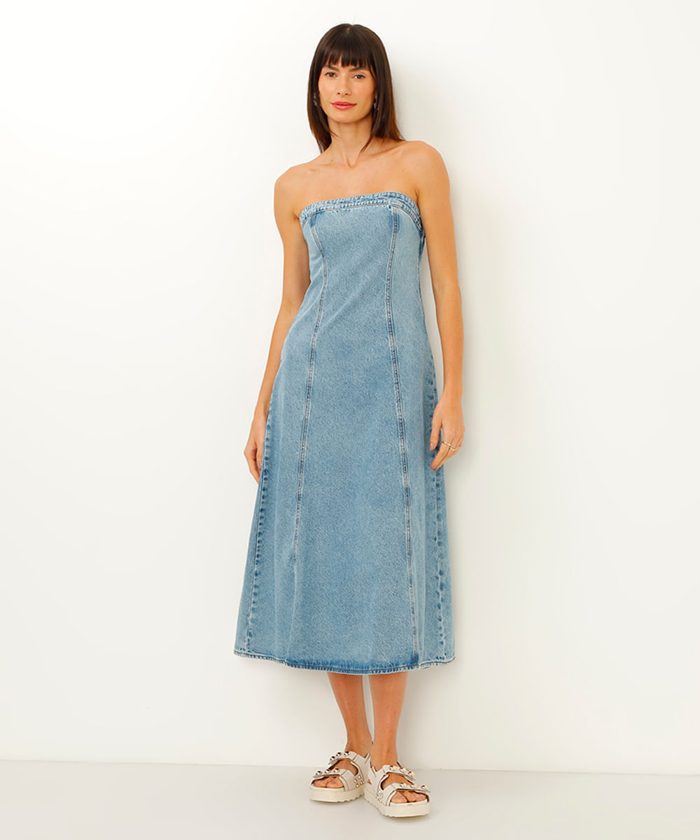 vestido jeans midi sem alça azul
