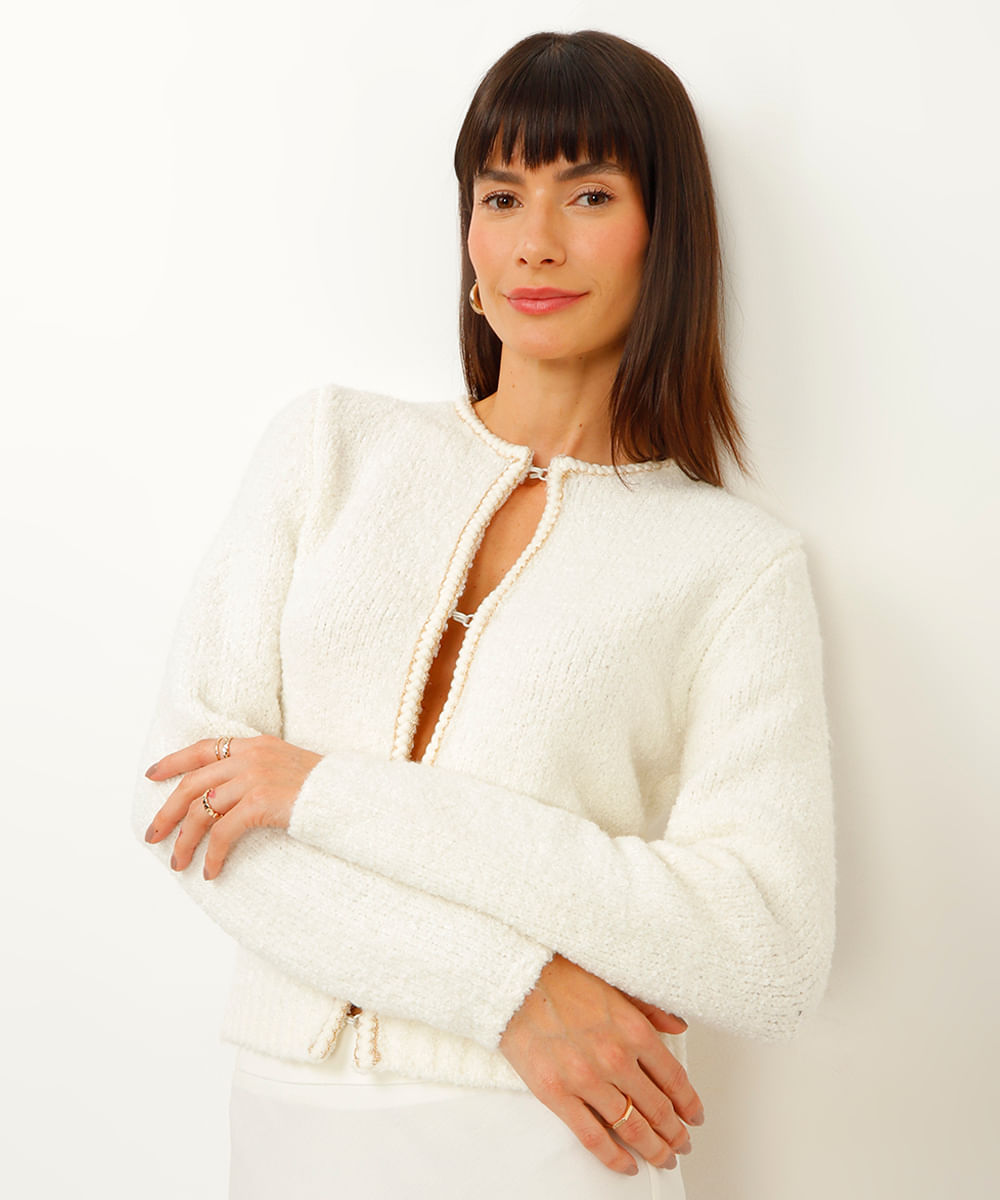 cardigan de tricot com brilho off white