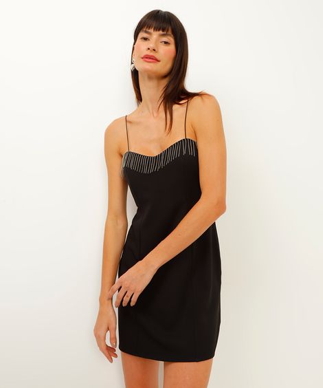 vestido curto com franjas e alças finas preto