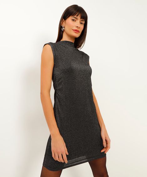 vestido curto de lurex com franzido preto