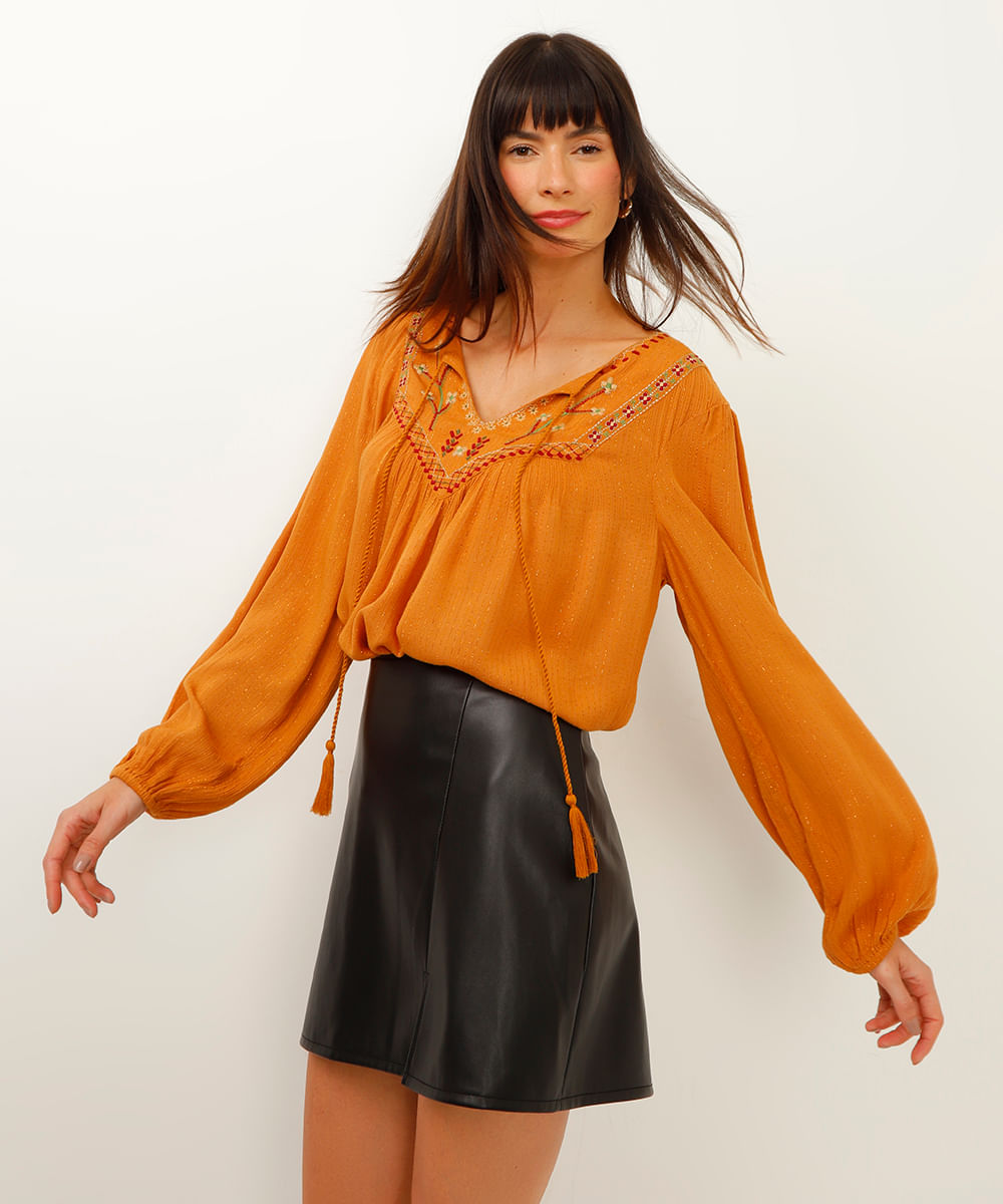 blusa de viscose boho com lurex marrom