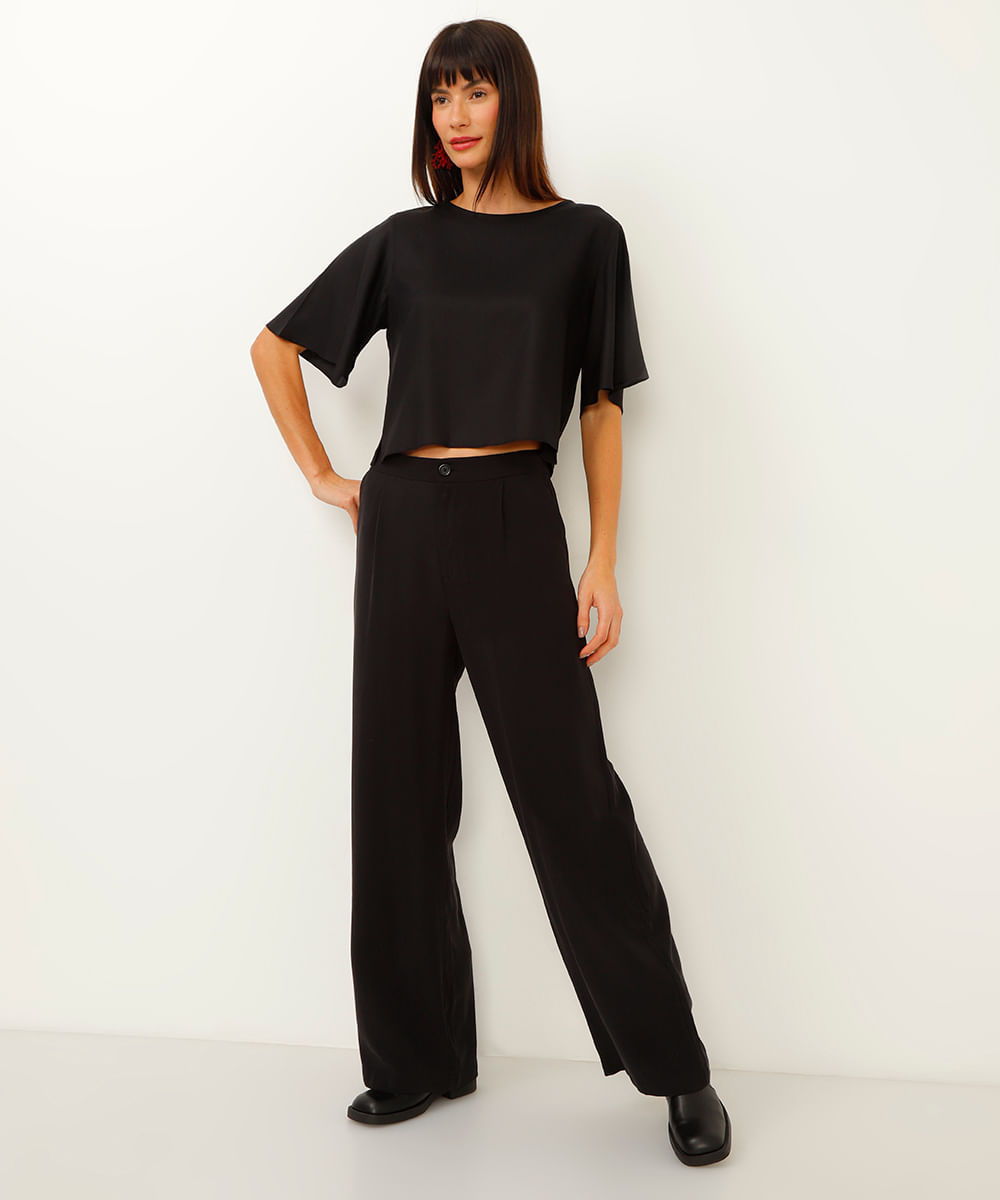 camiseta básica de viscose manga curta preto