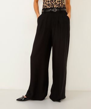 calça wide leg de viscose cintura alta com cinto preta
