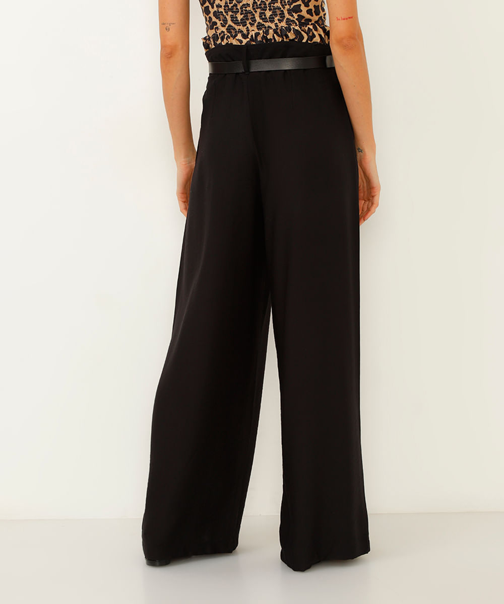 calça wide leg de viscose cintura alta com cinto preta