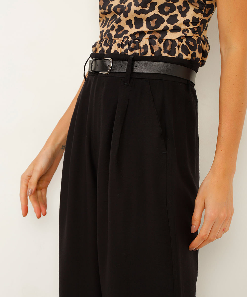 calça wide leg de viscose cintura alta com cinto preta